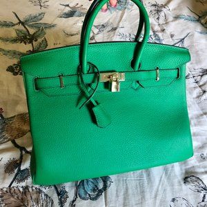 Emerald green genuine leather Birkin-style handbag